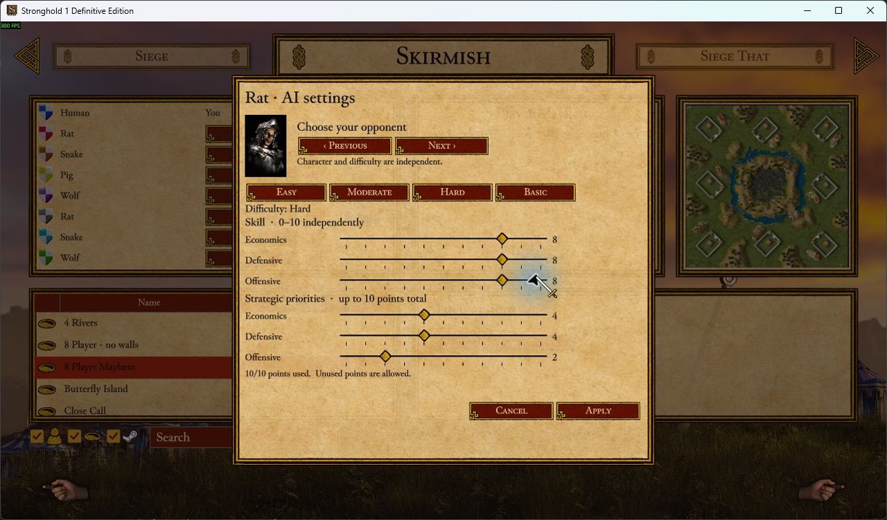Rat AI settings with independent economic, defensive and offensive skill and priority sliders.