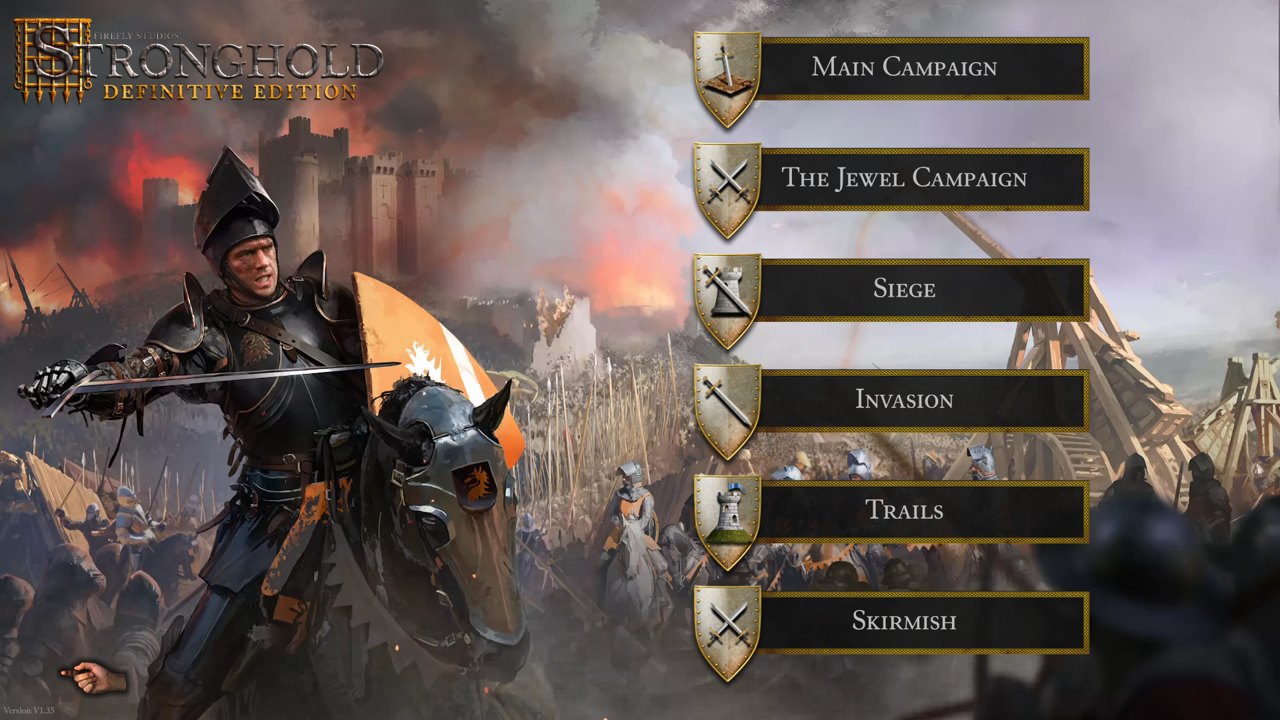 Stronghold Definitive Edition's native combat menu with the added Skirmish entry.