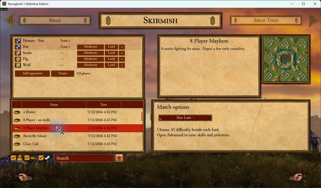 Skirmish setup with map selection, teams, and Rat, Snake, Pig and Wolf opponents.